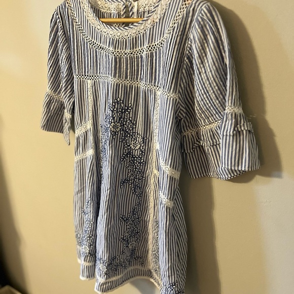 Free People Sunny Day Embroidered Shift Mini Dress Blue White Stripe Medium - Picture 5 of 11